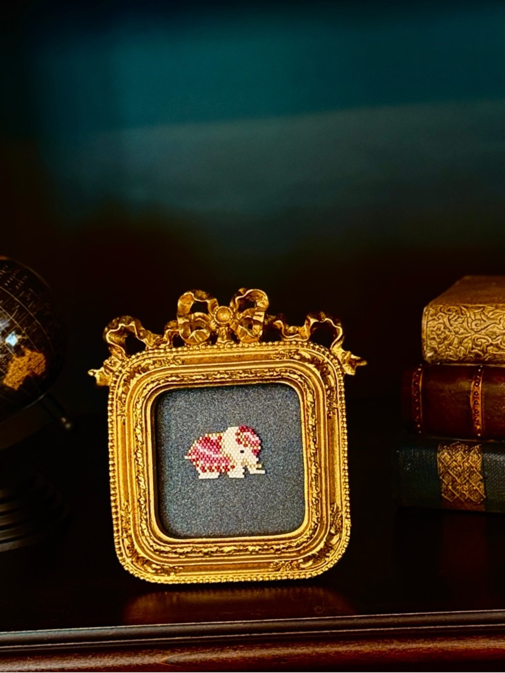 Hand-stitched Seed Bead Elephant Art, Miniature Ornate Gold Frame - Picture 5 of 7